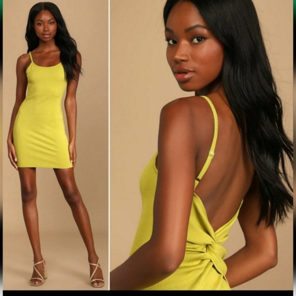 Lulu's Lime Green Ribbed Twist-Back Bodycon Dress